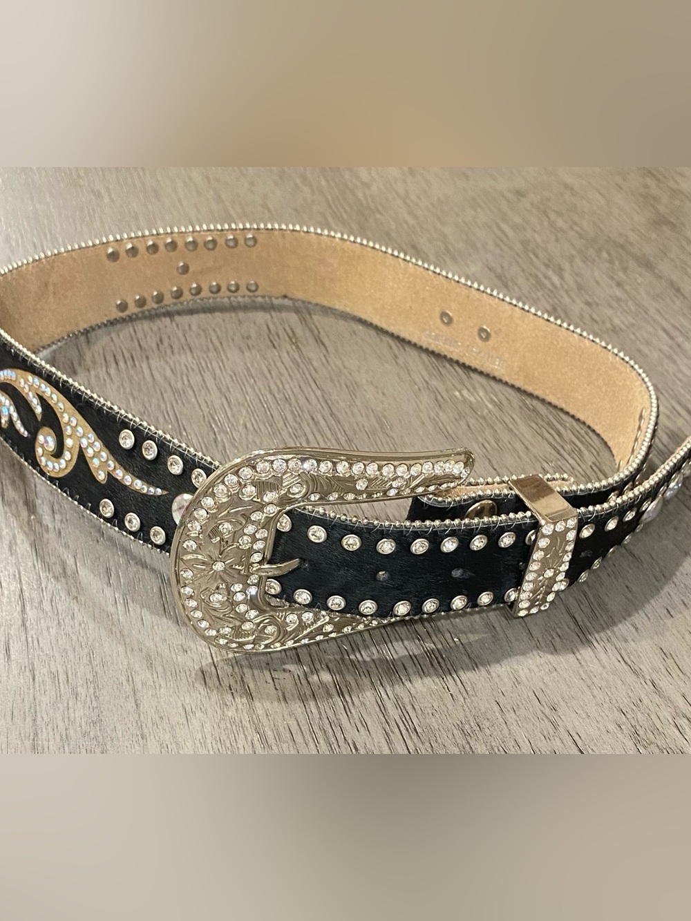 Rhinestone-Accented Black faux fur Western Belt with Decorative Buckle